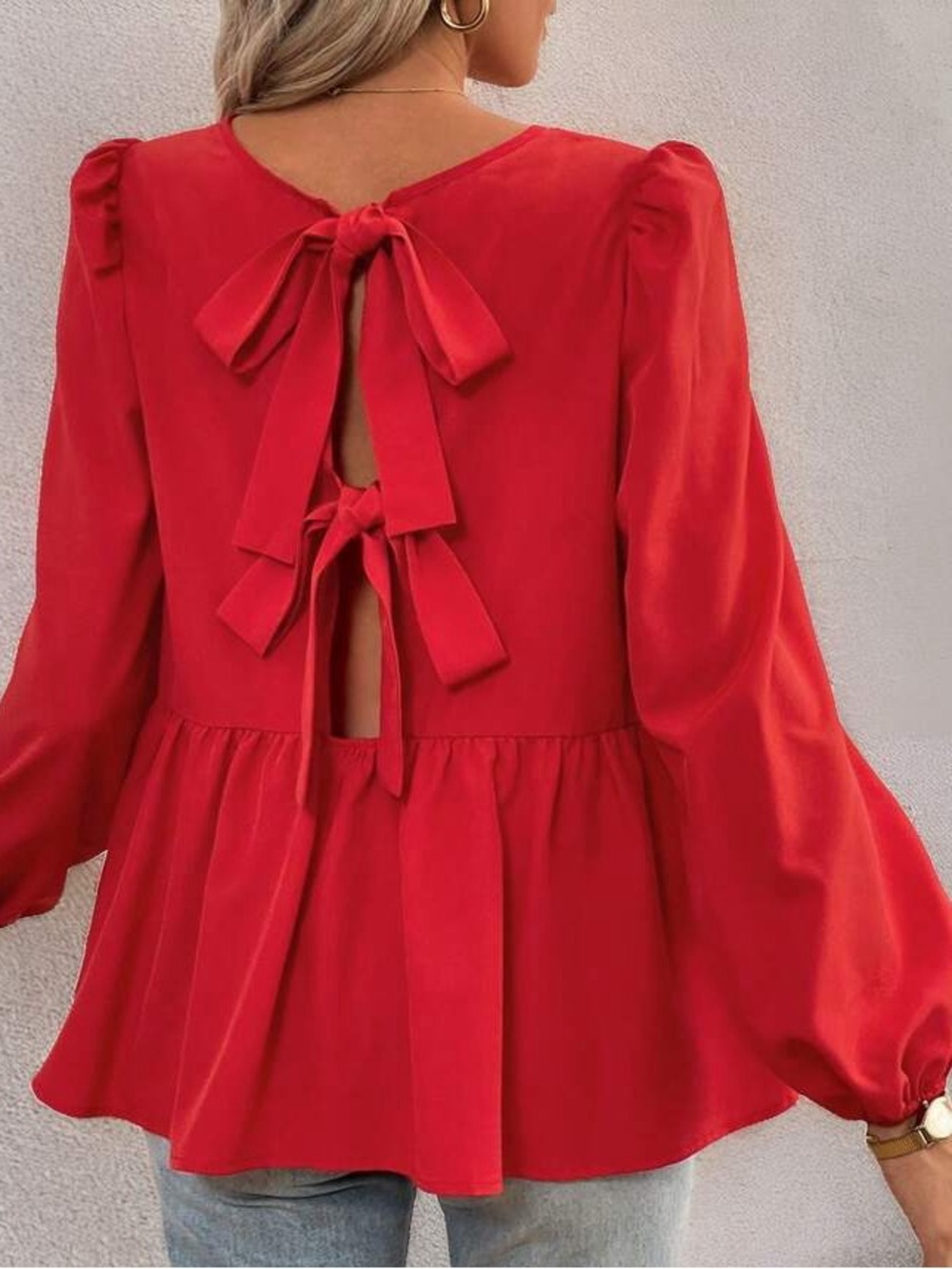 ❤️ SHEIN Red Bow Back Peplum Blouse Puff Sleeve Top Size Small